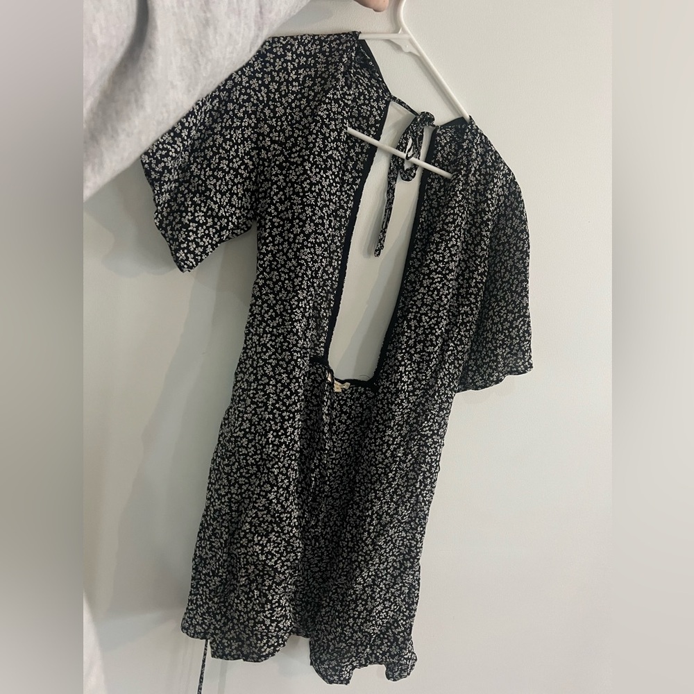 Whimsy + Row Floral Wrap Mini Dresss Black and White | Size Medium